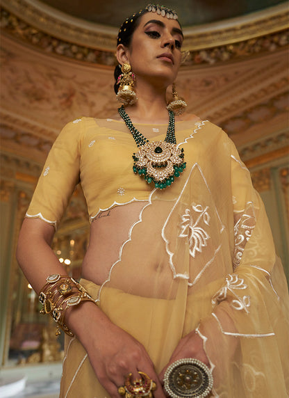 Ruby Chiffon Yellow Festival Wear Thread Embroidery Work Designer Saree 388266