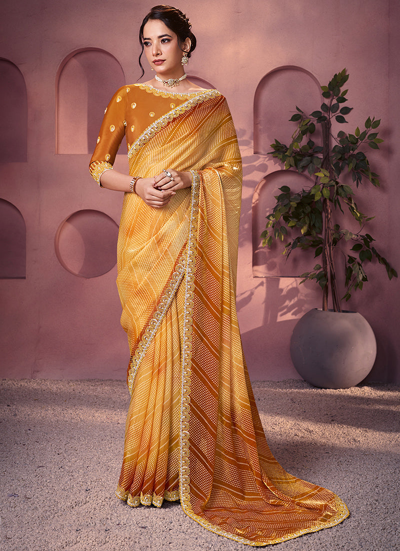 Satin Silk Yellow Saree with Embroidery Work for Festival Wear 384499