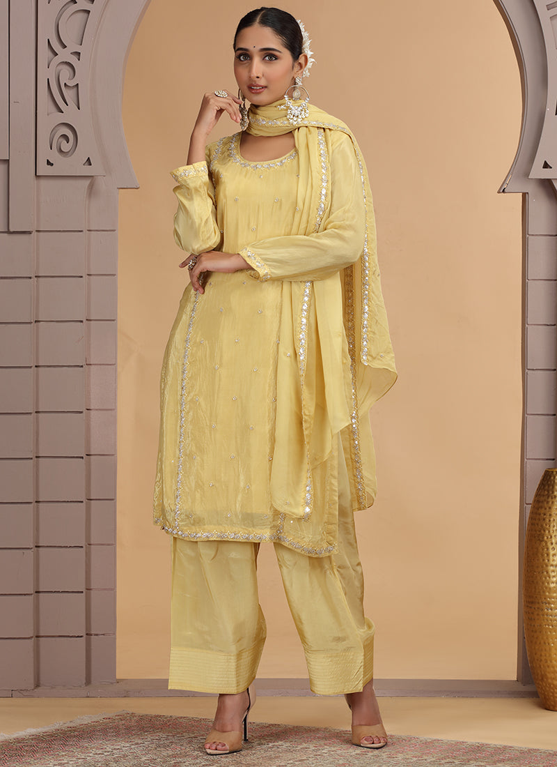 Satin Silk Yellow Party Wear Pattern Pc Work Readymade Salwar Suit 386171