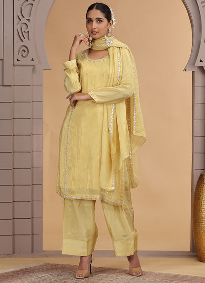 Satin Silk Yellow Party Wear Pattern Pc Work Readymade Salwar Suit 386171