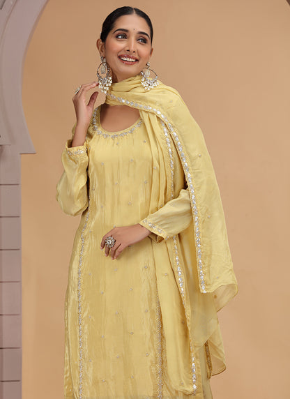 Satin Silk Yellow Party Wear Pattern Pc Work Readymade Salwar Suit 386171