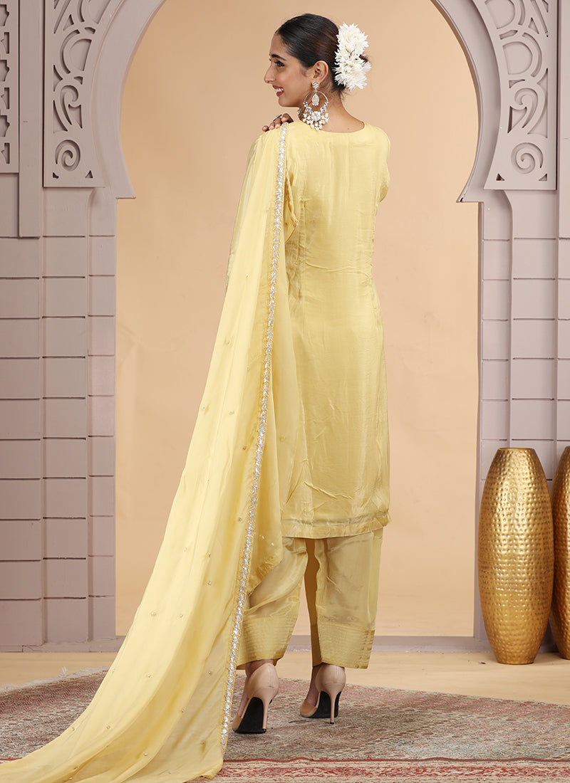 Satin Silk Yellow Party Wear Pattern Pc Work Readymade Salwar Suit 386171