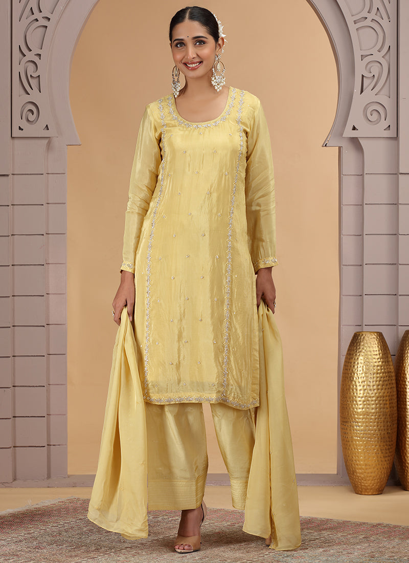 Satin Silk Yellow Party Wear Pattern Pc Work Readymade Salwar Suit 386171