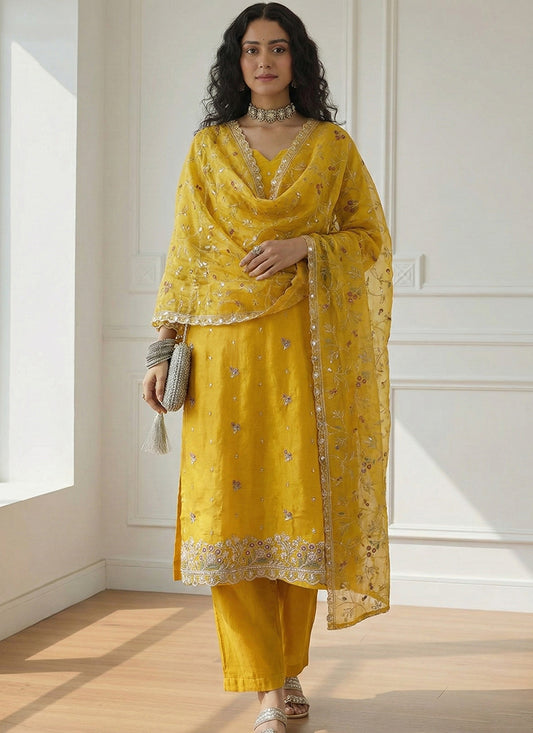 Shimmer Organza Yellow Festival Wear Zari Embroidery Work Readymade Salwar Suit 388809
