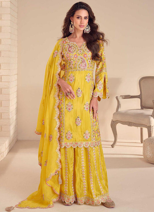 Yellow Shimmer Embroidery Work Party Wear Readymade Plazzo Suit SW400713