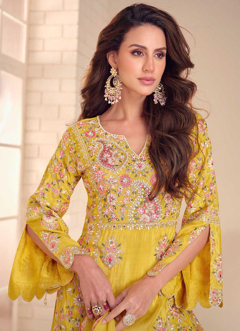 Yellow Shimmer Embroidery Work Party Wear Readymade Plazzo Suit SW400713