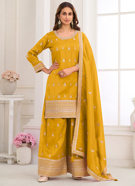 Yellow Shimmer Silk Embroidery Work Festival Wear Readymade Plazzo Suit SW456856