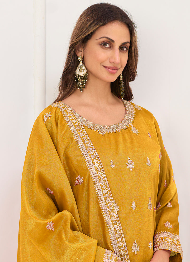 Yellow Shimmer Silk Embroidery Work Festival Wear Readymade Plazzo Suit SW456856