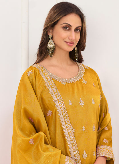 Yellow Shimmer Silk Embroidery Work Festival Wear Readymade Plazzo Suit SW456856