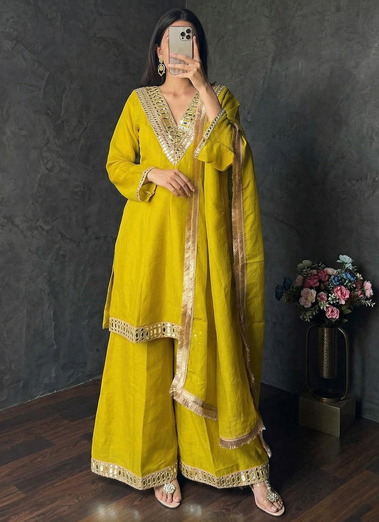 Yellow Shimmer Silk Embroidery Work Occasional Wear Readymade Plazzo Suit SW834908