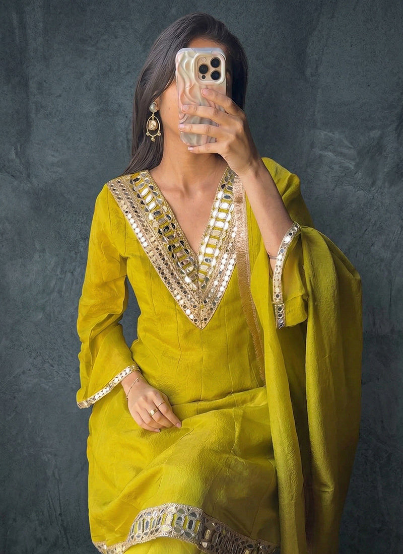 Yellow Shimmer Silk Embroidery Work Occasional Wear Readymade Plazzo Suit SW834908