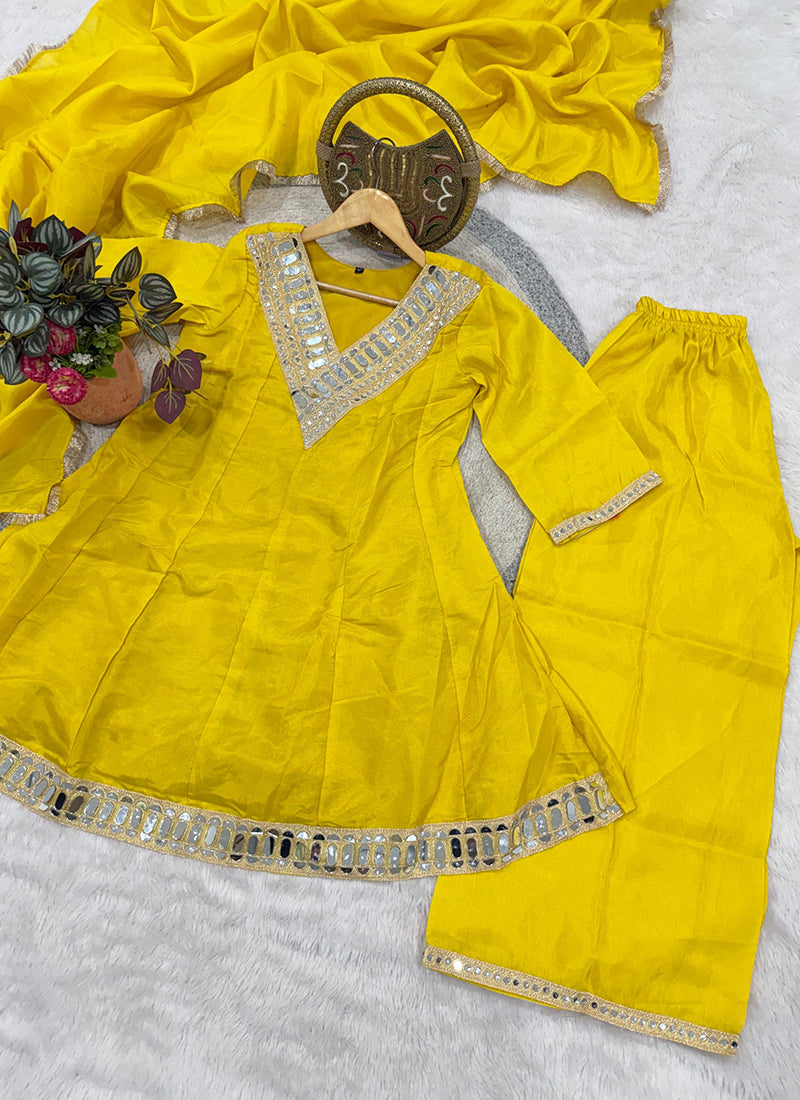Yellow Shimmer Silk Embroidery Work Occasional Wear Readymade Plazzo Suit SW834908