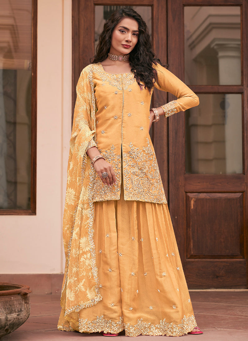 Yellow Silk Embroidery Work Occasional Wear Readymade Plazzo Suit SW280167