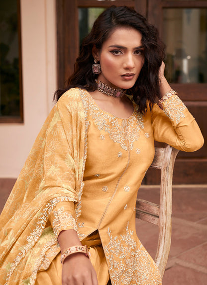 Yellow Silk Embroidery Work Occasional Wear Readymade Plazzo Suit SW280167