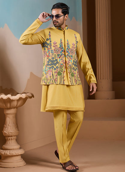 Silk Yellow Wedding Wear Embroidery Work Readymade Kurta Pajama With Jacket 387111