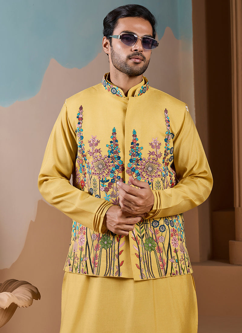 Silk Yellow Wedding Wear Embroidery Work Readymade Kurta Pajama With Jacket 387111