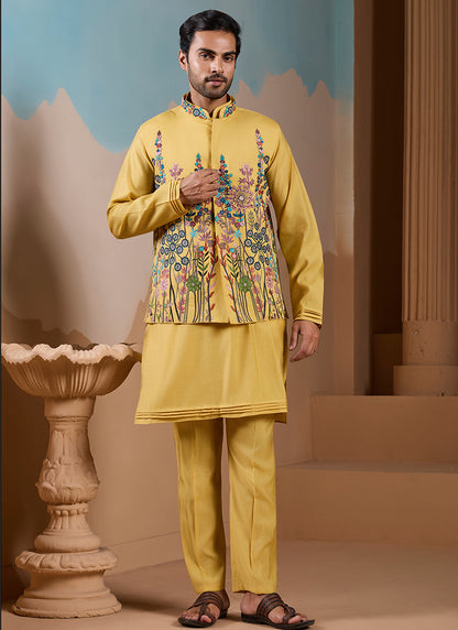 Silk Yellow Wedding Wear Embroidery Work Readymade Kurta Pajama With Jacket 387111