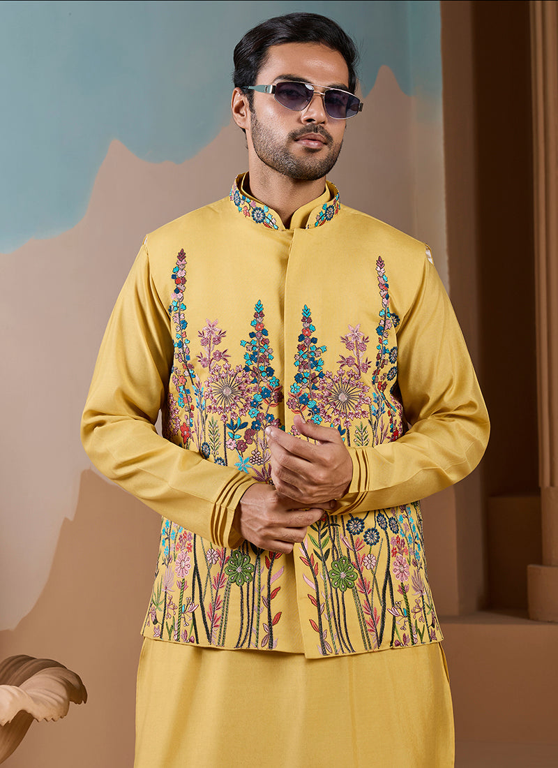 Silk Yellow Wedding Wear Embroidery Work Readymade Kurta Pajama With Jacket 387111