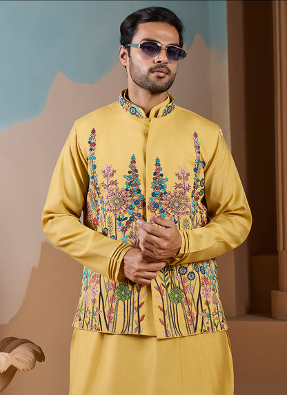 Silk Yellow Wedding Wear Embroidery Work Readymade Kurta Pajama With Jacket 387111
