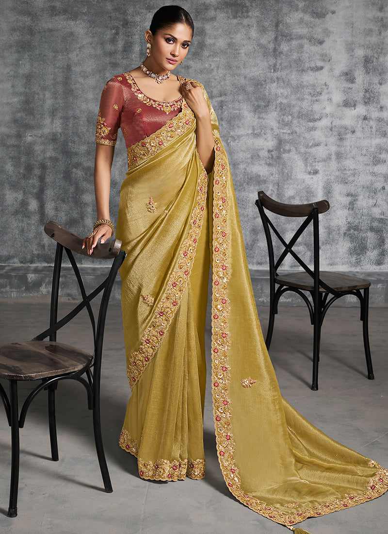 Silk Yellow Saree with Embroidery Work for Wedding Wear 385004