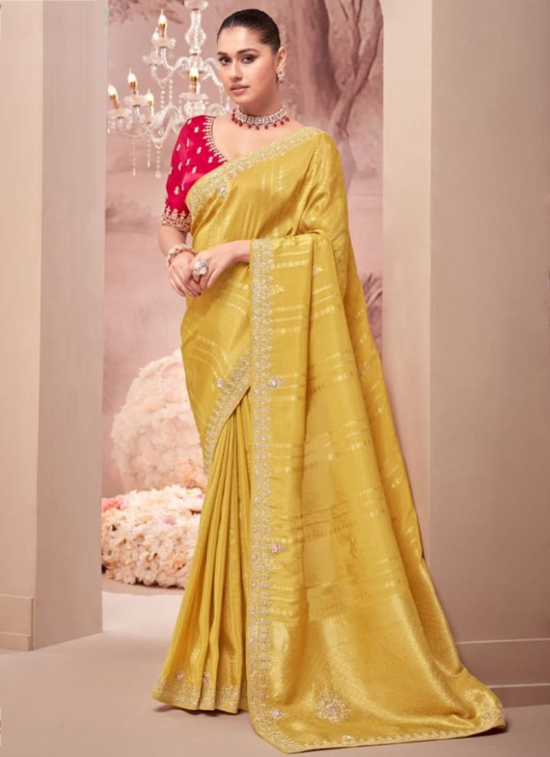 Yellow Silk Hand Work Wedding Wear Saree SW177197
