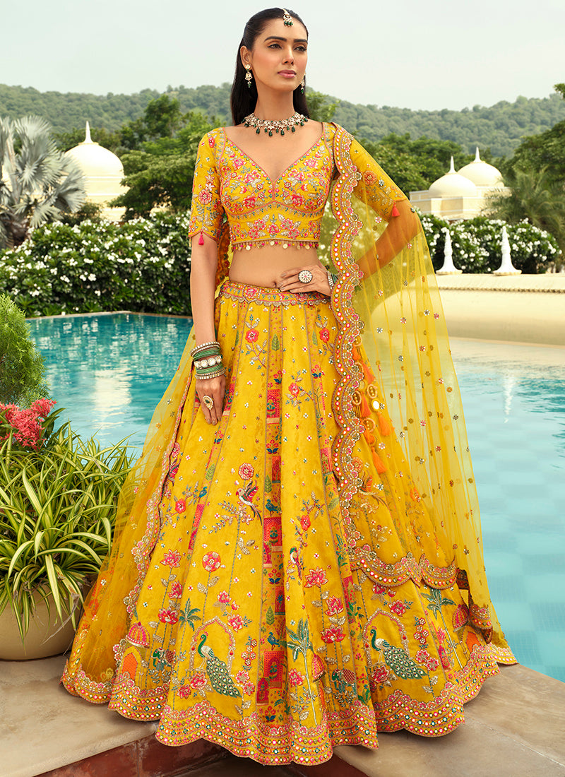 Silk Yellow Wedding Wear Heavy Embroidery Cut Work Readymade Lehenga Choli 386493