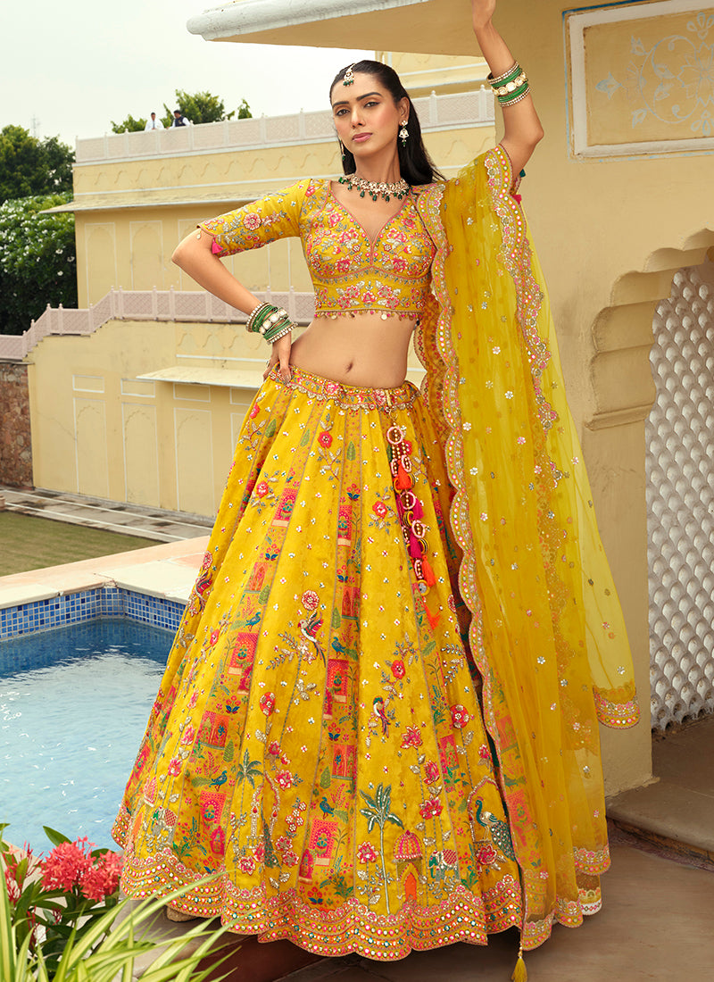 Silk Yellow Wedding Wear Heavy Embroidery Cut Work Readymade Lehenga Choli 386493
