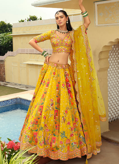 Silk Yellow Wedding Wear Heavy Embroidery Cut Work Readymade Lehenga Choli 386493