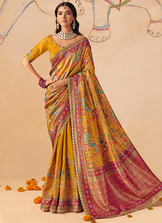 Yellow Silk Sequins Work  Wedding Wear Saree SW987637