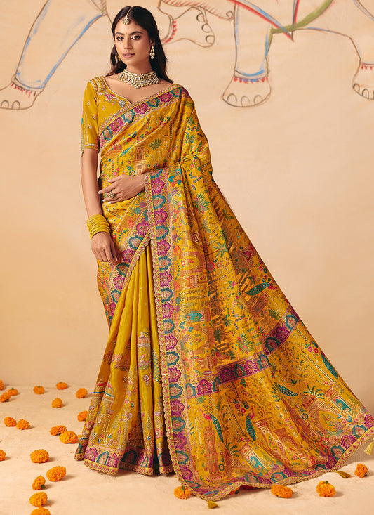 Yellow Silk Sequins Work  Wedding Wear Saree SW388959