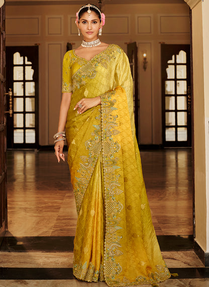 Yellow Silk Zari Work Wedding Wear Saree SW914972