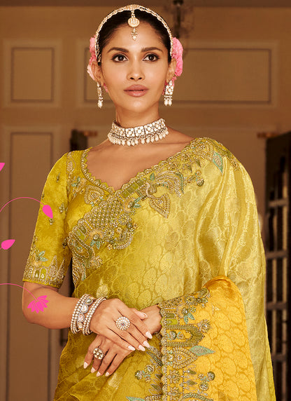 Yellow Silk Zari Work Wedding Wear Saree SW914972