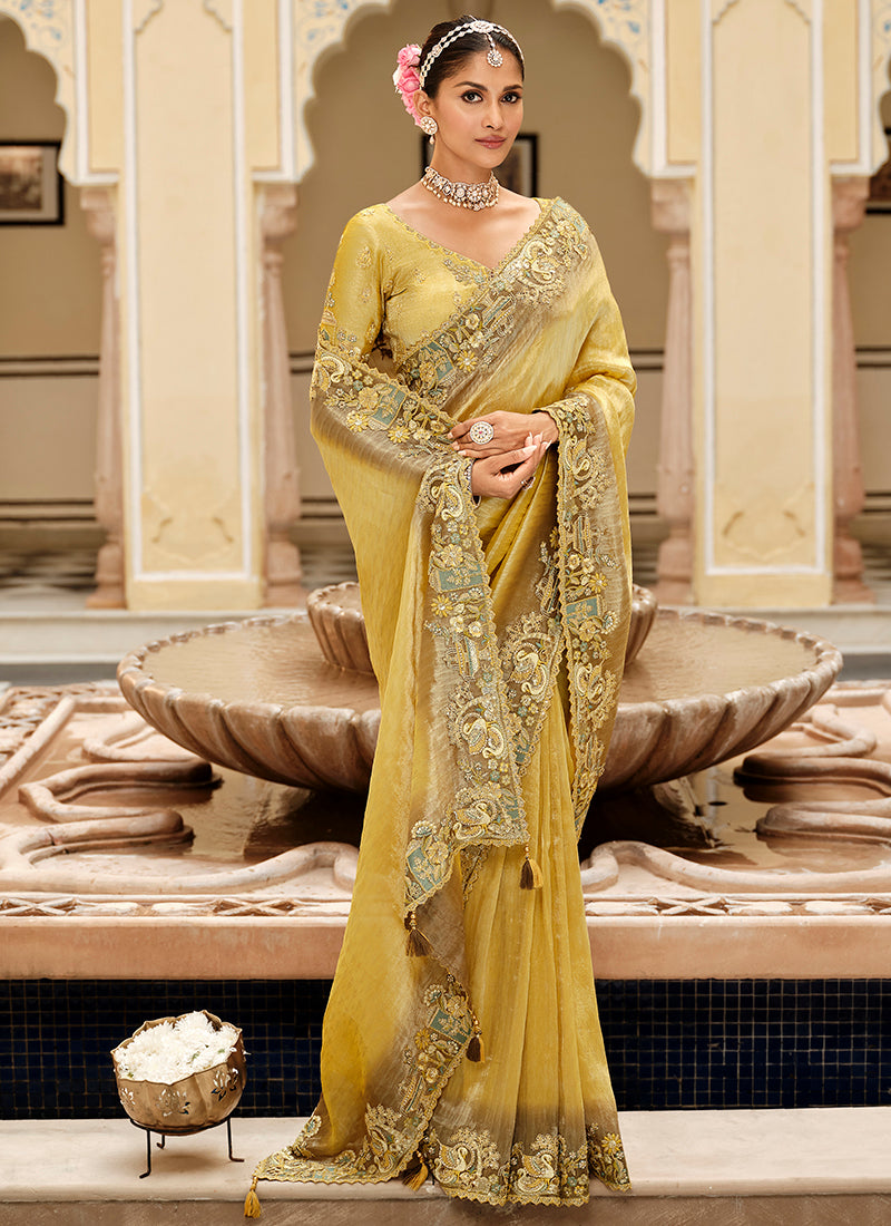 Yellow Silk Zari Work Wedding Wear Saree SW803155