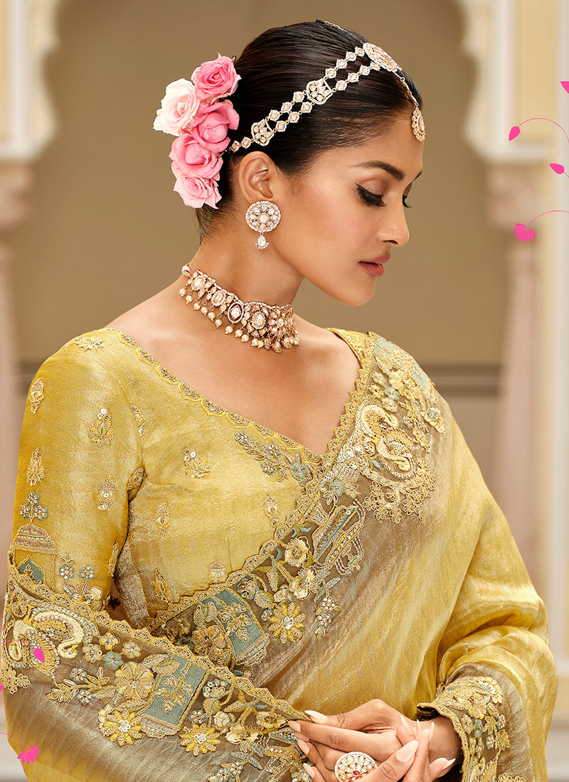 Yellow Silk Zari Work Wedding Wear Saree SW803155