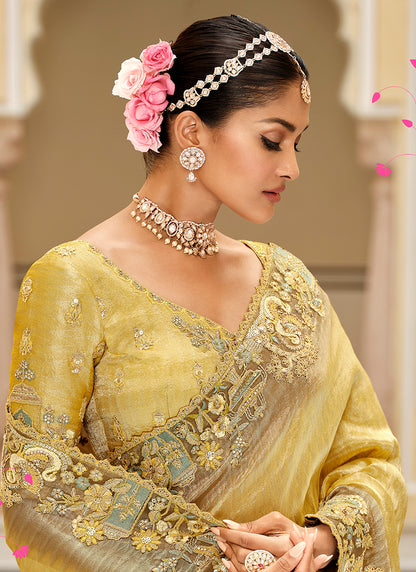 Yellow Silk Zari Work Wedding Wear Saree SW803155