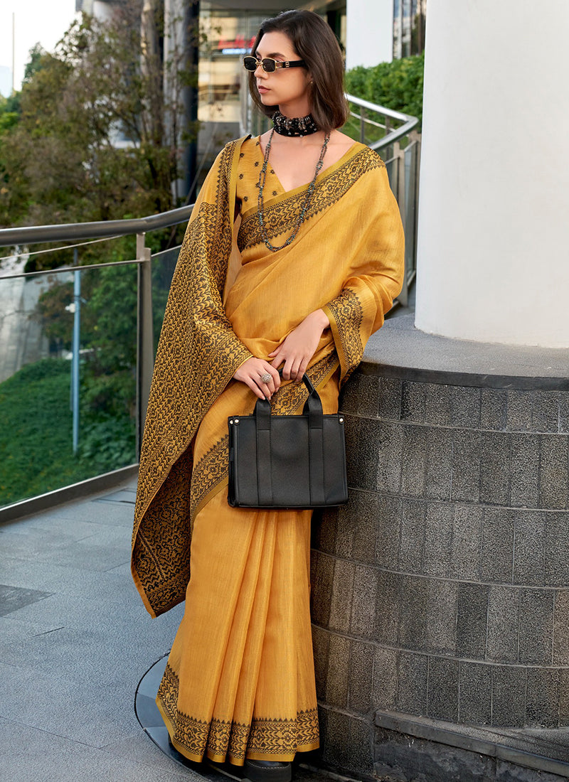 Yellow Tissue Silk Printed Work Occasional Wear Saree SW590831