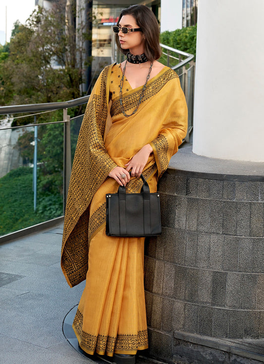 Yellow Tissue Silk Printed Work Occasional Wear Saree SW590831