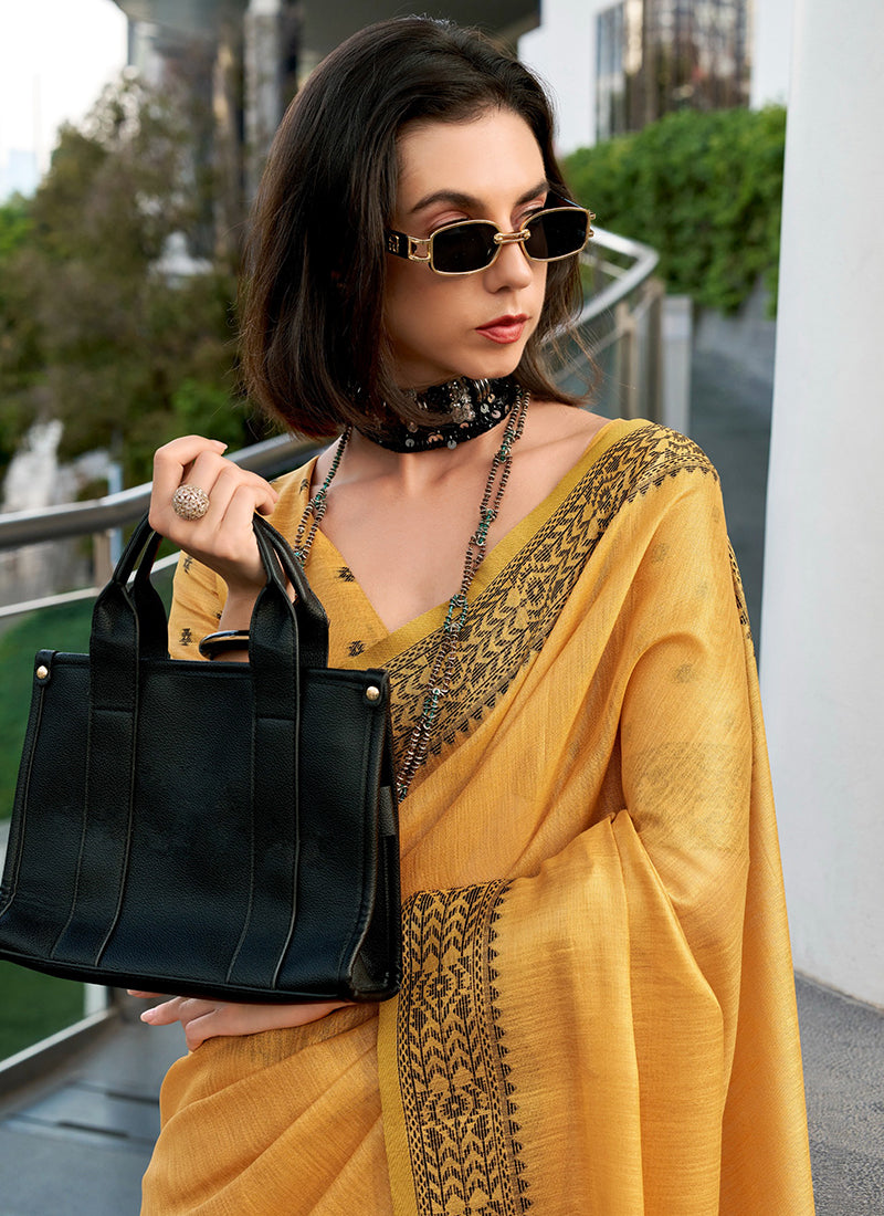 Yellow Tissue Silk Printed Work Occasional Wear Saree SW590831