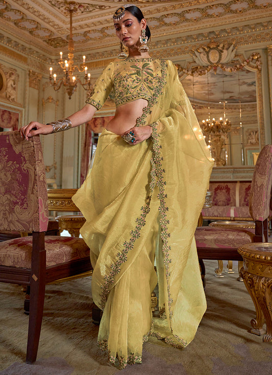 Yellow Tissue Silk Thread Work Occasional Wear Saree SW710885