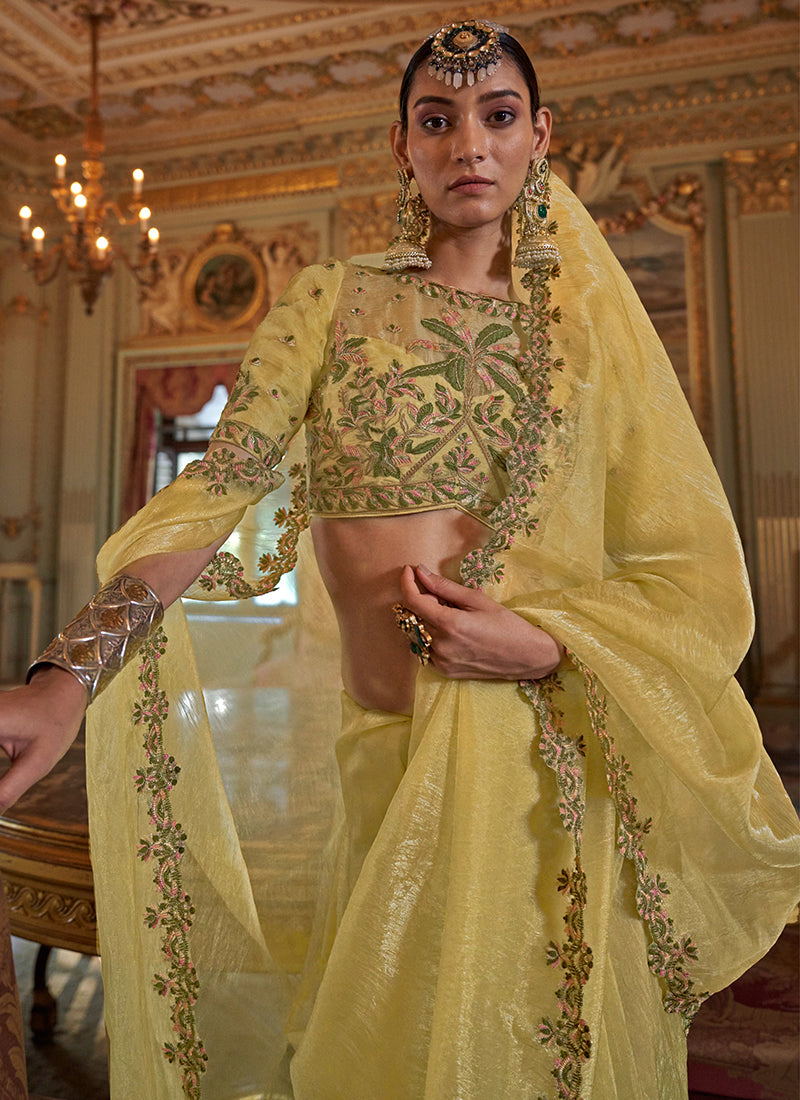 Yellow Tissue Silk Thread Work Occasional Wear Saree SW710885