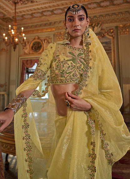 Yellow Tissue Silk Thread Work Occasional Wear Saree SW710885