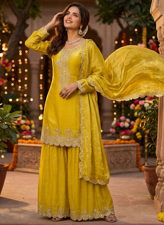 Yellow Tora Silk Embroidery Work Occasional Wear Readymade Plazzo Suit SW467939