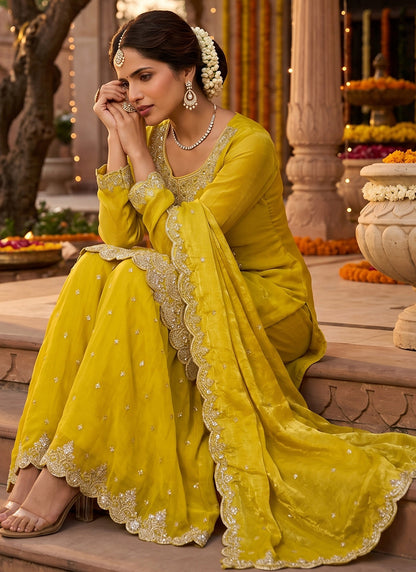 Yellow Tora Silk Embroidery Work Occasional Wear Readymade Plazzo Suit SW467939