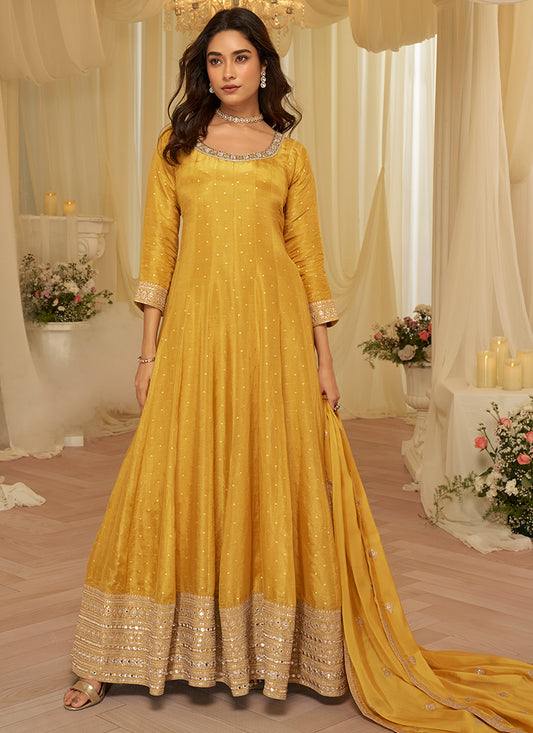 Yellow Viscose Sequins Work  Party Wear Readymade Anarkali Suit SW723640