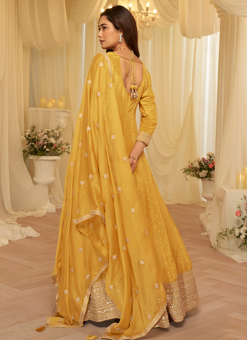 Yellow Viscose Sequins Work  Party Wear Readymade Anarkali Suit SW723640