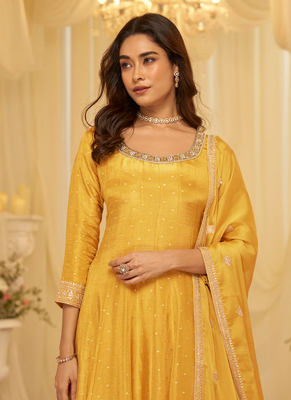 Yellow Viscose Sequins Work  Party Wear Readymade Anarkali Suit SW723640