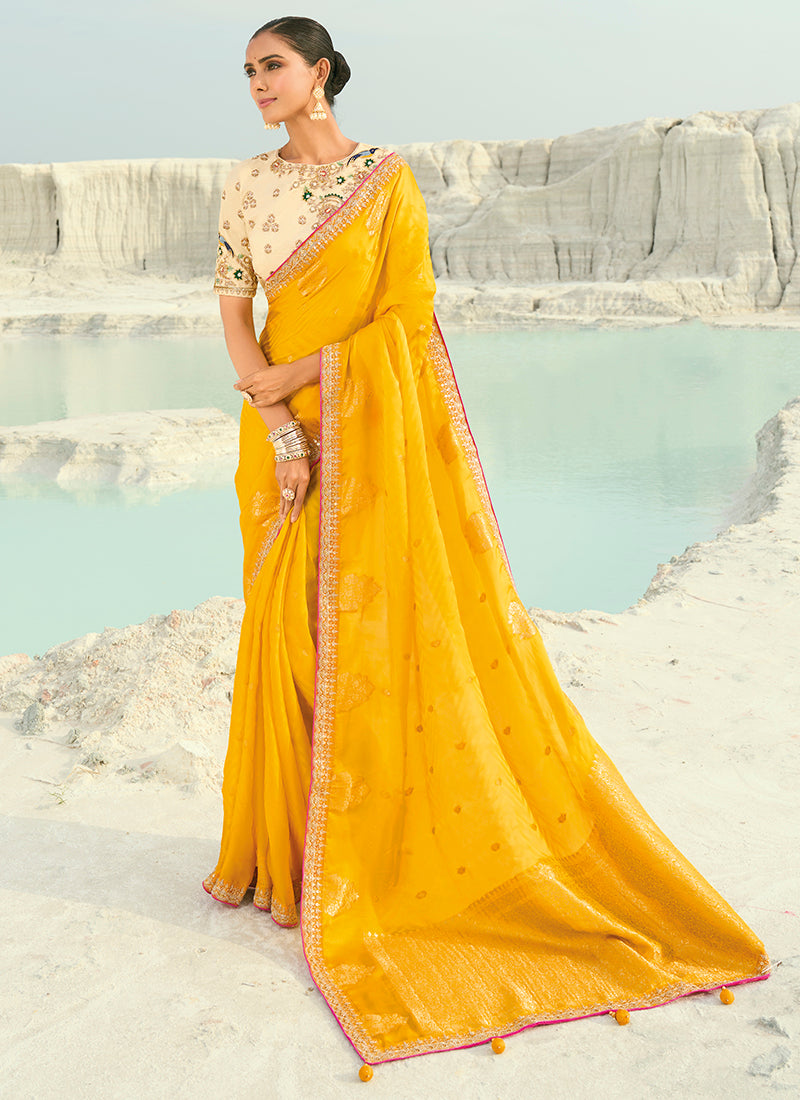 Viscose Satin Yellow Wedding Wear Heavy Work Wedding Saree 386454