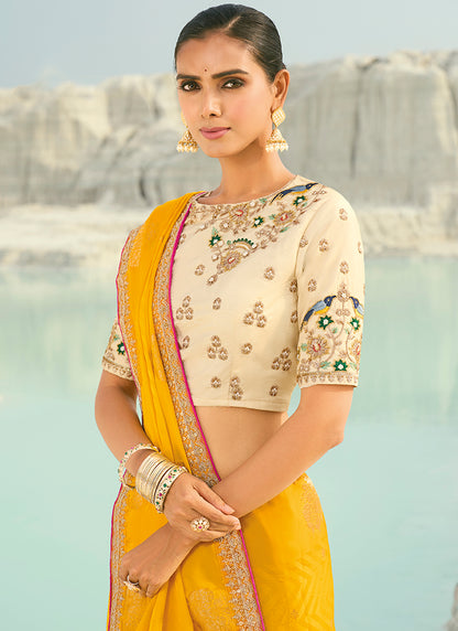 Viscose Satin Yellow Wedding Wear Heavy Work Wedding Saree 386454