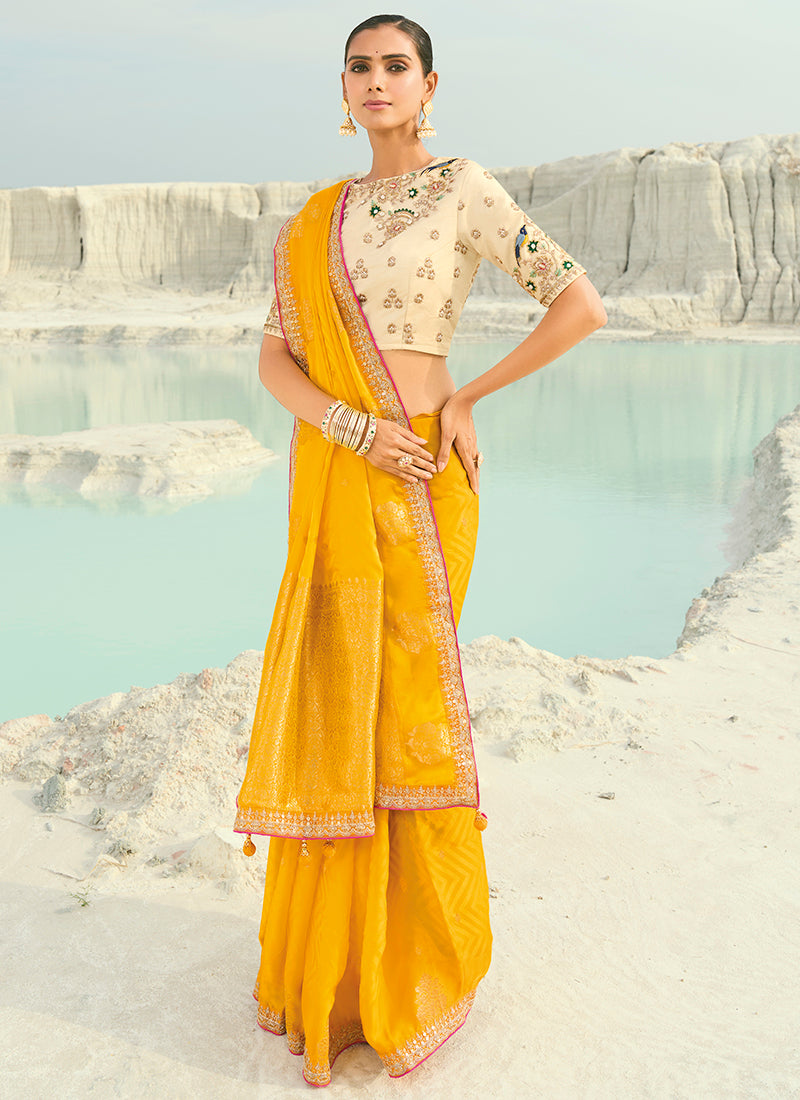 Viscose Satin Yellow Wedding Wear Heavy Work Wedding Saree 386454