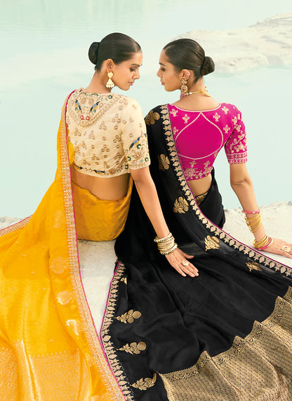 Viscose Satin Yellow Wedding Wear Heavy Work Wedding Saree 386454